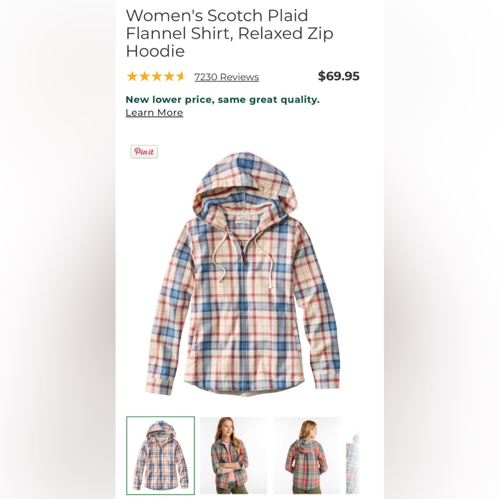 NWT L.L. Bean Flannel Zip Hoodie